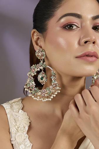 Gold plated multicolor polki chandbali earrings