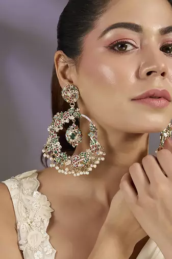 Gold plated multicolor polki chandbali earrings