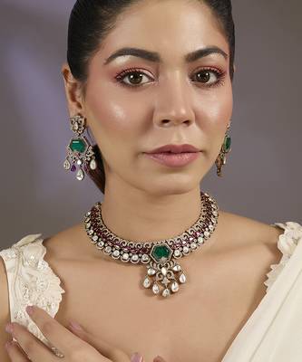 Gold plated emerald green stone necklace set 1