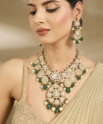 Gold plated kundan green pearl necklace set 1