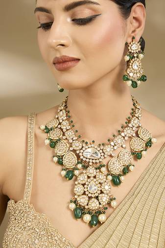 Gold plated kundan green pearl necklace set