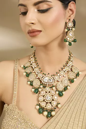 Gold plated kundan green pearl necklace set