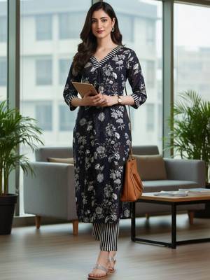 Women Floral Printed Regular Kurta with Trousers 2