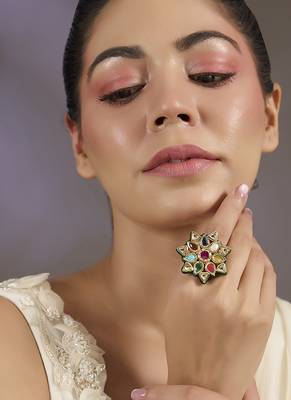 Gold plated multicolor stones floral rings 1