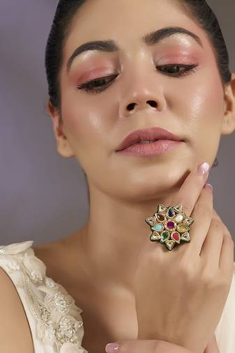 Gold plated multicolor stones floral rings