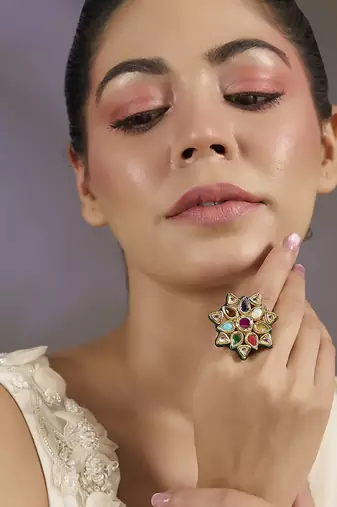 Gold plated multicolor stones floral rings