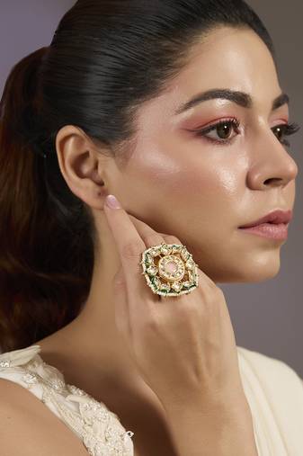Gold plated baby pink green stone ring
