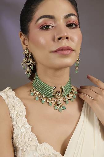 Gold plated green beaded choker set
