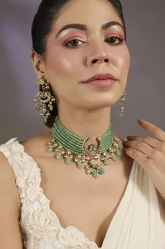 Gold plated green beaded choker set