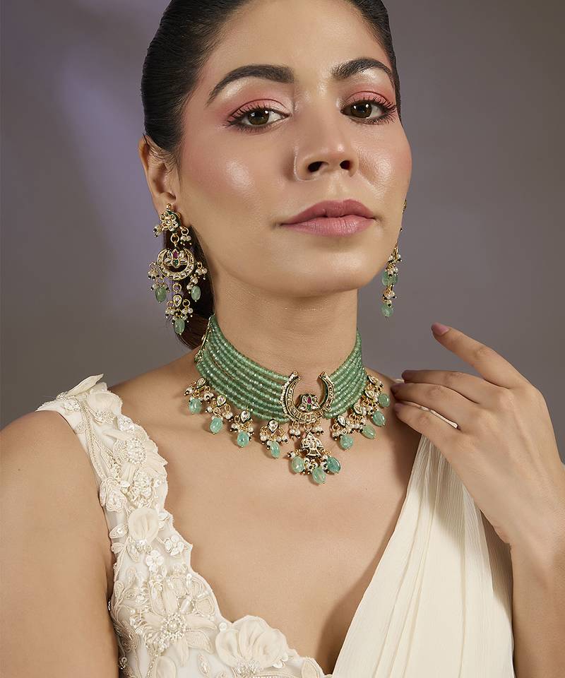 Gold plated green beaded choker set