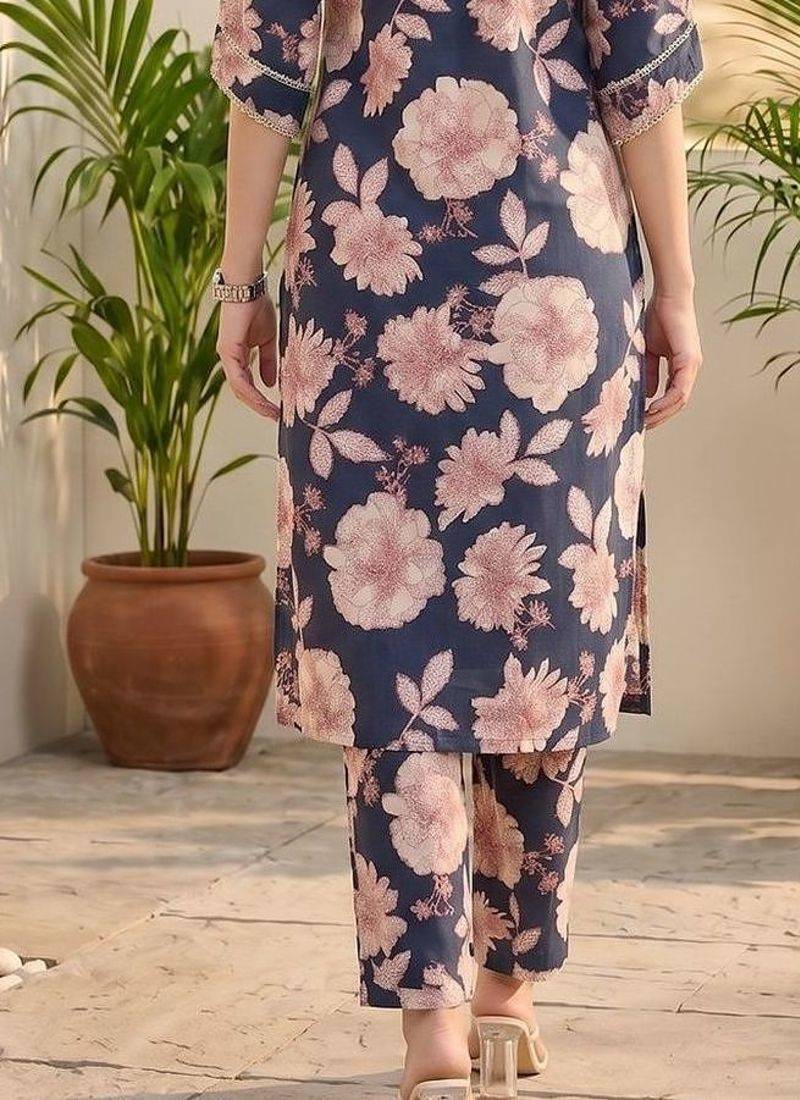 Women Floral Printed Regular Thread Work Pure Cotton Kurta with Trousers