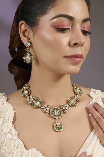 Gold plated green stones kundan necklace set