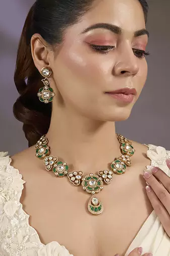 Gold plated green stones kundan necklace set