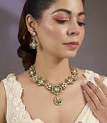 Gold plated green stones kundan necklace set