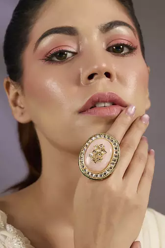 Gold plated peach pink stone ring