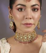 Gold plated ruby red mint green kundan choker set