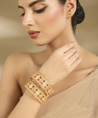 Gold plated baby pink stones floral bangles 1