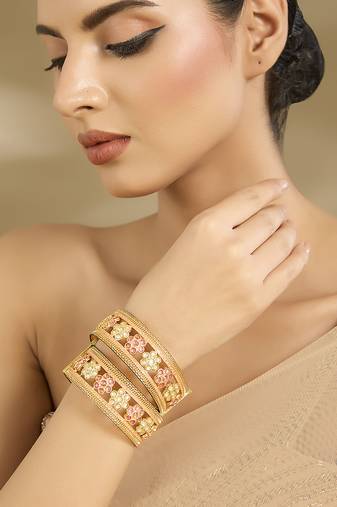 Gold plated baby pink stones floral bangles