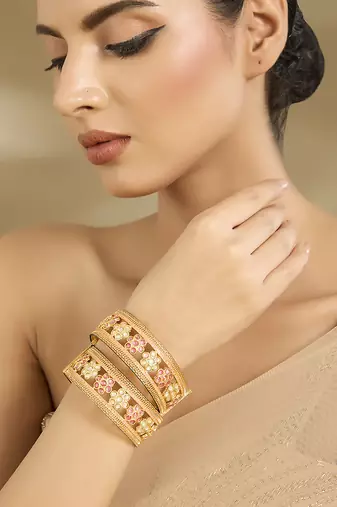 Gold plated baby pink stones floral bangles
