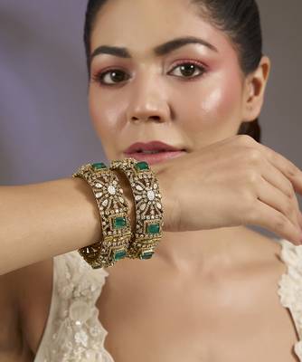 Gold plated green stones polki bangles 1