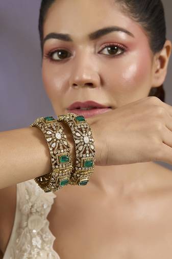 Gold plated green stones polki bangles