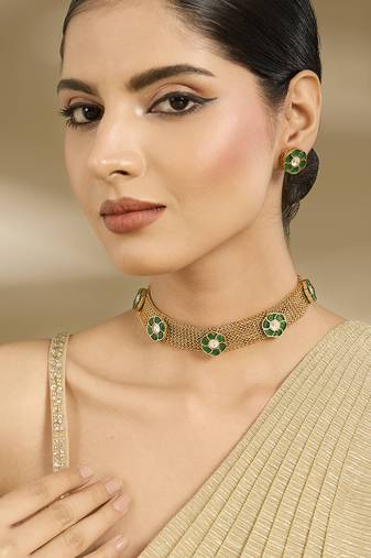 Gold plated green stones choker set