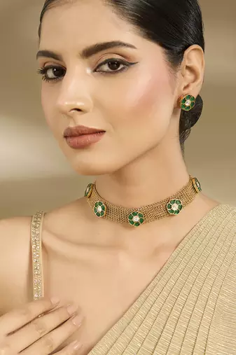 Gold plated green stones choker set