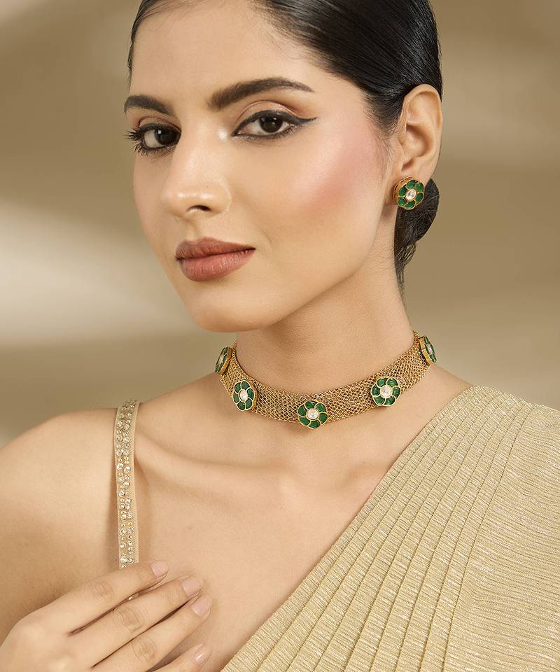 Gold plated green stones choker set