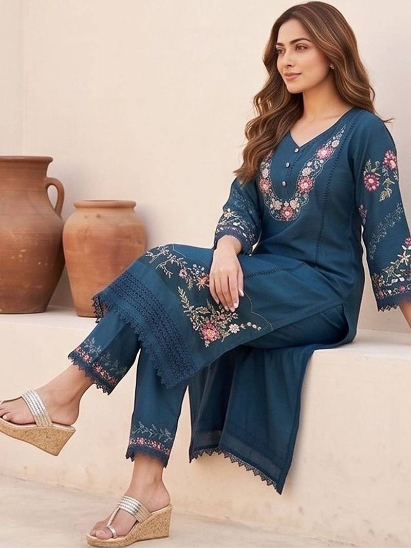 Women Floral Embroidered Regular Thread Work  Cotton Kurta with Trousers & With Dupatta