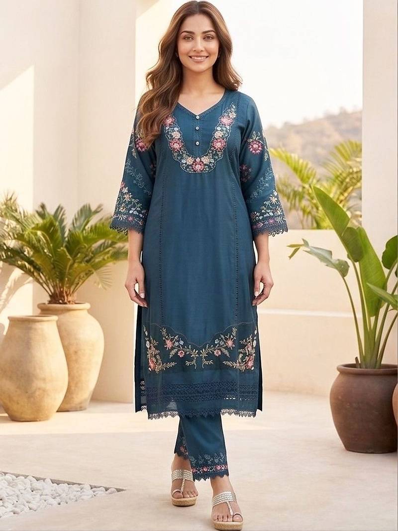 Women Floral Embroidered Regular Thread Work  Cotton Kurta with Trousers & With Dupatta