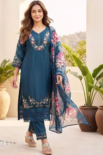 Women Floral Embroidered Regular Thread Work Pure Cotton Kurta with Trousers & With Dupatta