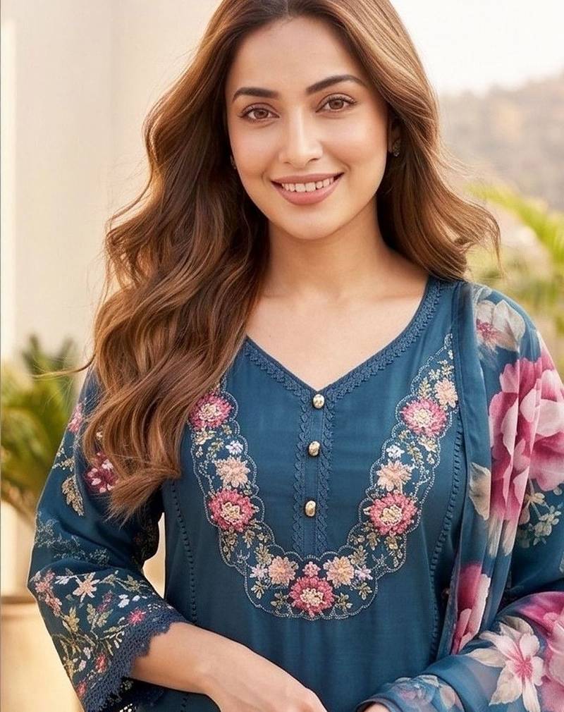 Women Floral Embroidered Regular Thread Work  Cotton Kurta with Trousers & With Dupatta