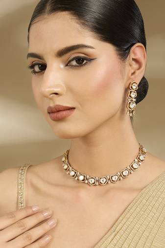 Gold plated white stones kundan choker set