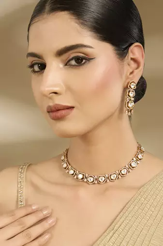 Gold plated white stones kundan choker set