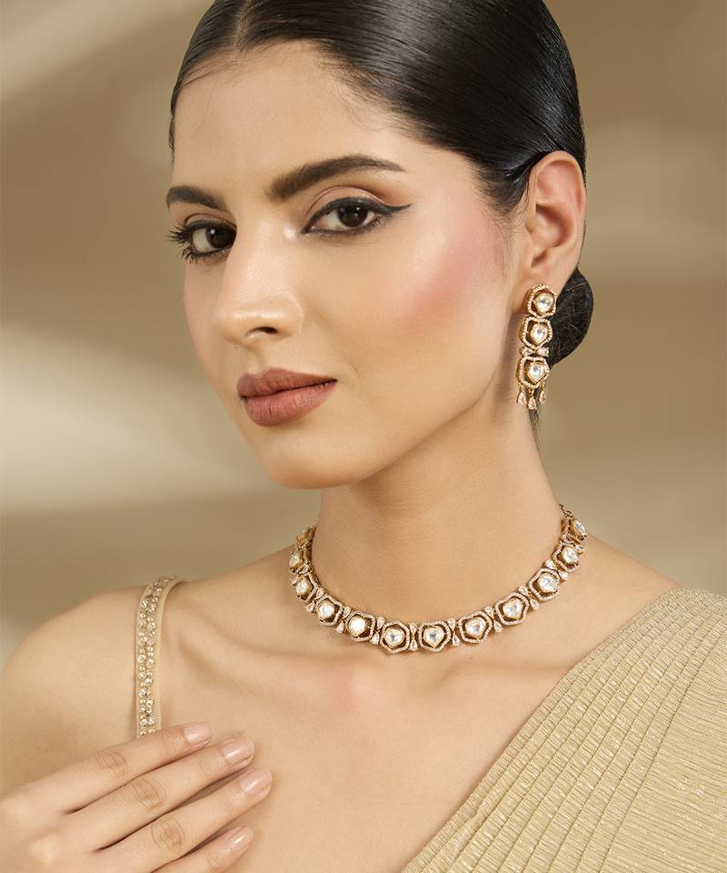 Gold plated white stones kundan choker set