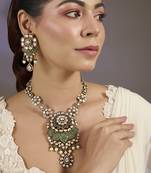 Gold plated kundan green floral pendant necklace set