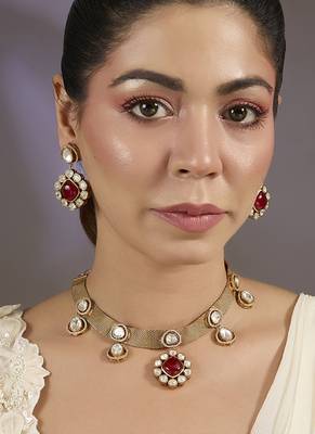 Gold plated red stone texture choker set 1