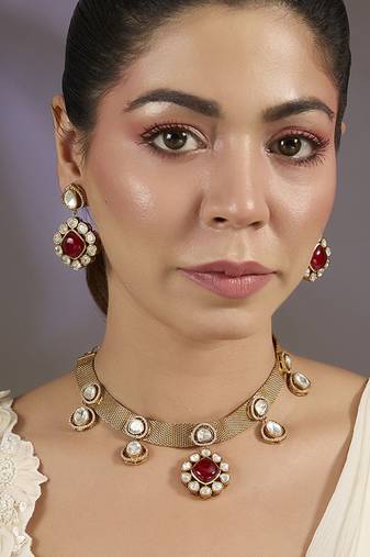 Gold plated red stone texture choker set