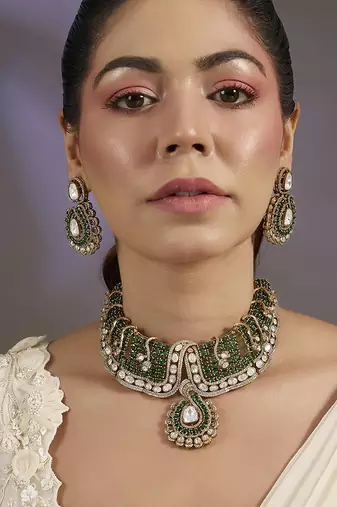 Silver plated green beaded collar choker set