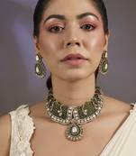 Silver plated green beaded collar choker set