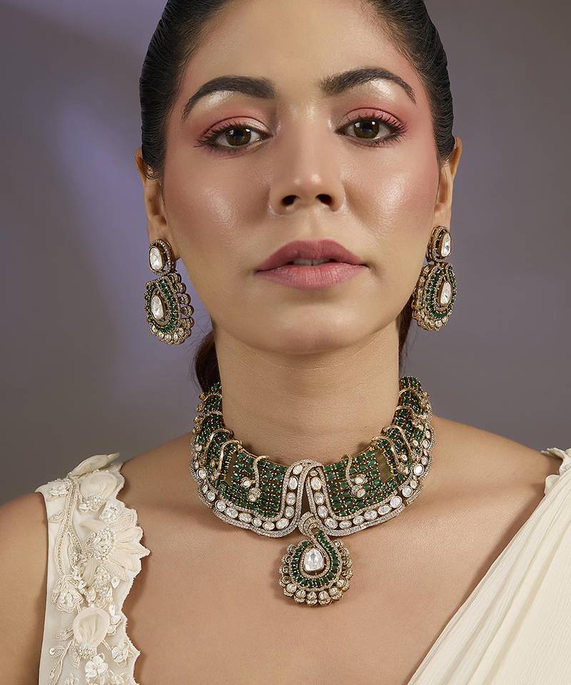 Silver plated green beaded collar choker set