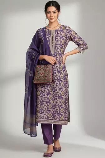 Women Floral Printed Regular Thread Work Chanderi Silk Kurta with Trousers & With Dupatta