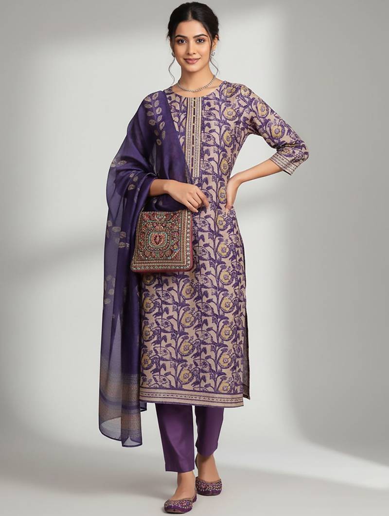 Women Floral Printed Regular Thread Work Chanderi Silk Kurta with Trousers & With Dupatta