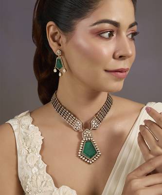 Gold plated green stone polki collar necklace set 1