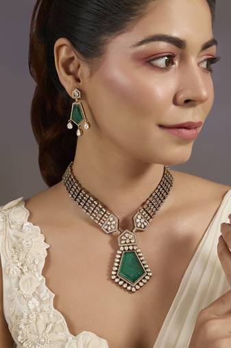 Gold plated green stone polki collar necklace set