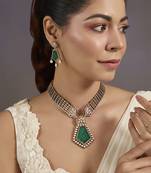 Gold plated green stone polki collar necklace set