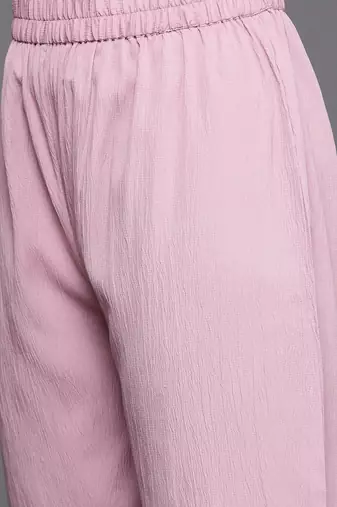Women Solid Regular Textured Silk Crepe Shirt collar Kurta with Trousers