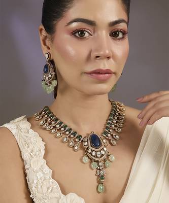 Gold plated sapphire blue oval necklace set 1