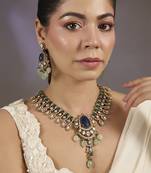 Gold plated sapphire blue oval necklace set