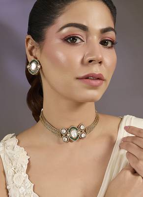 Gold plated green stone polki choker set 1